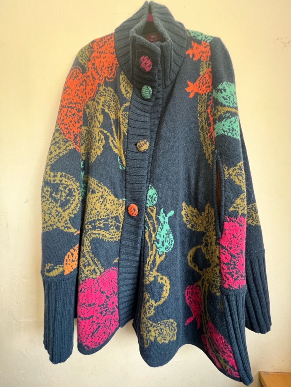 IVKO blue Floral Knit Cape with Pink, Orange & Green Accents